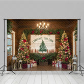 Aperturee - Aperturee Christmas Tree Farm Photography Backdrop Rustic Wood Sign with Poinsettia Farmhouse Holiday Background